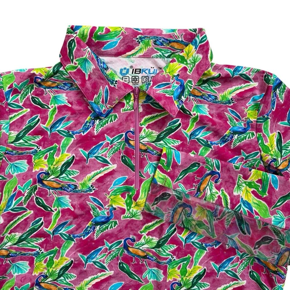 IBKUL 1/4 Zip Golf Shirt Womens Size Large Floral Peacock Pink Quick Dry UPF 50